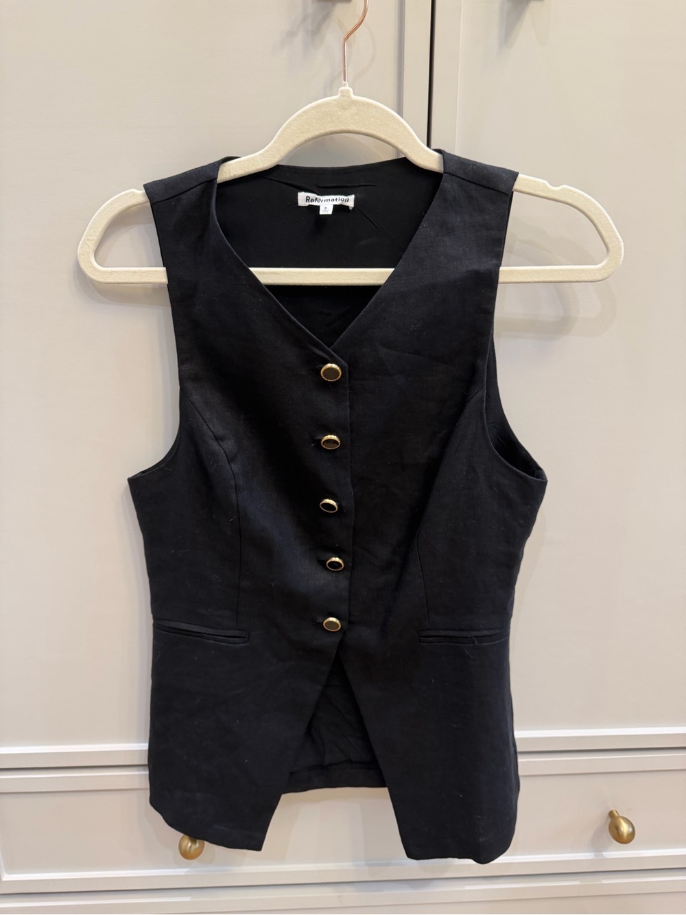 Reformation Black Sleeveless Vest with Gold Buttons